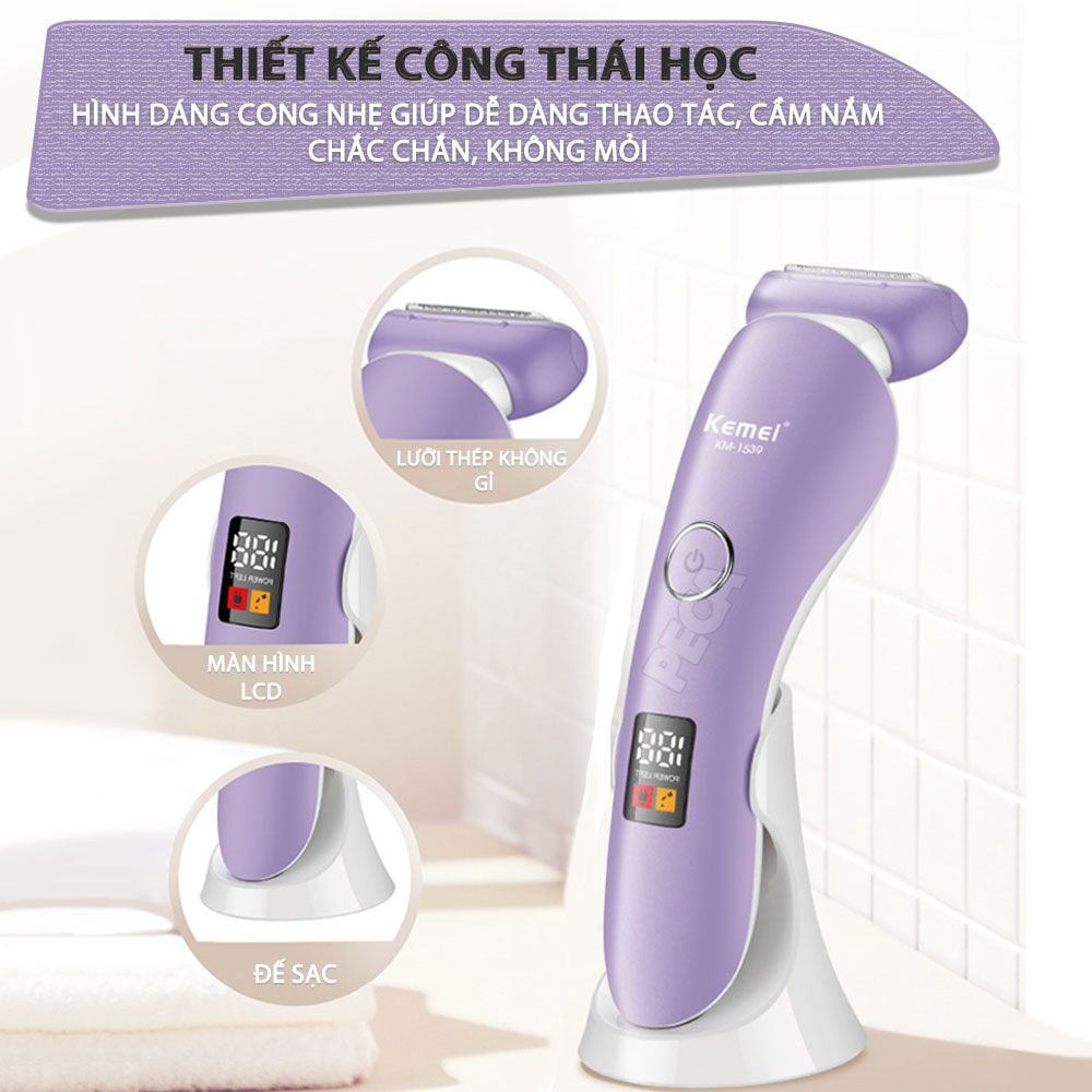 Máy tẩy lông Kemei KM-1539 chuyên dùng cạo lông toàn thân, bikini sử dụng pin sạc tiện lợi - Chính hãng