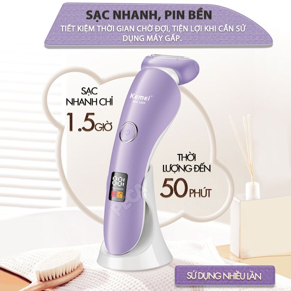 Máy tẩy lông Kemei KM-1539 chuyên dùng cạo lông toàn thân, bikini sử dụng pin sạc tiện lợi - Chính hãng