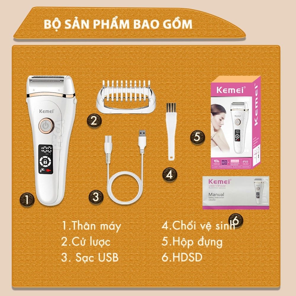 Máy cạo lông Kemei KM-392 chuyên dùng cạo lông toàn thân, bikini sử dụng pin sạc tiện lợi - Chính hãng