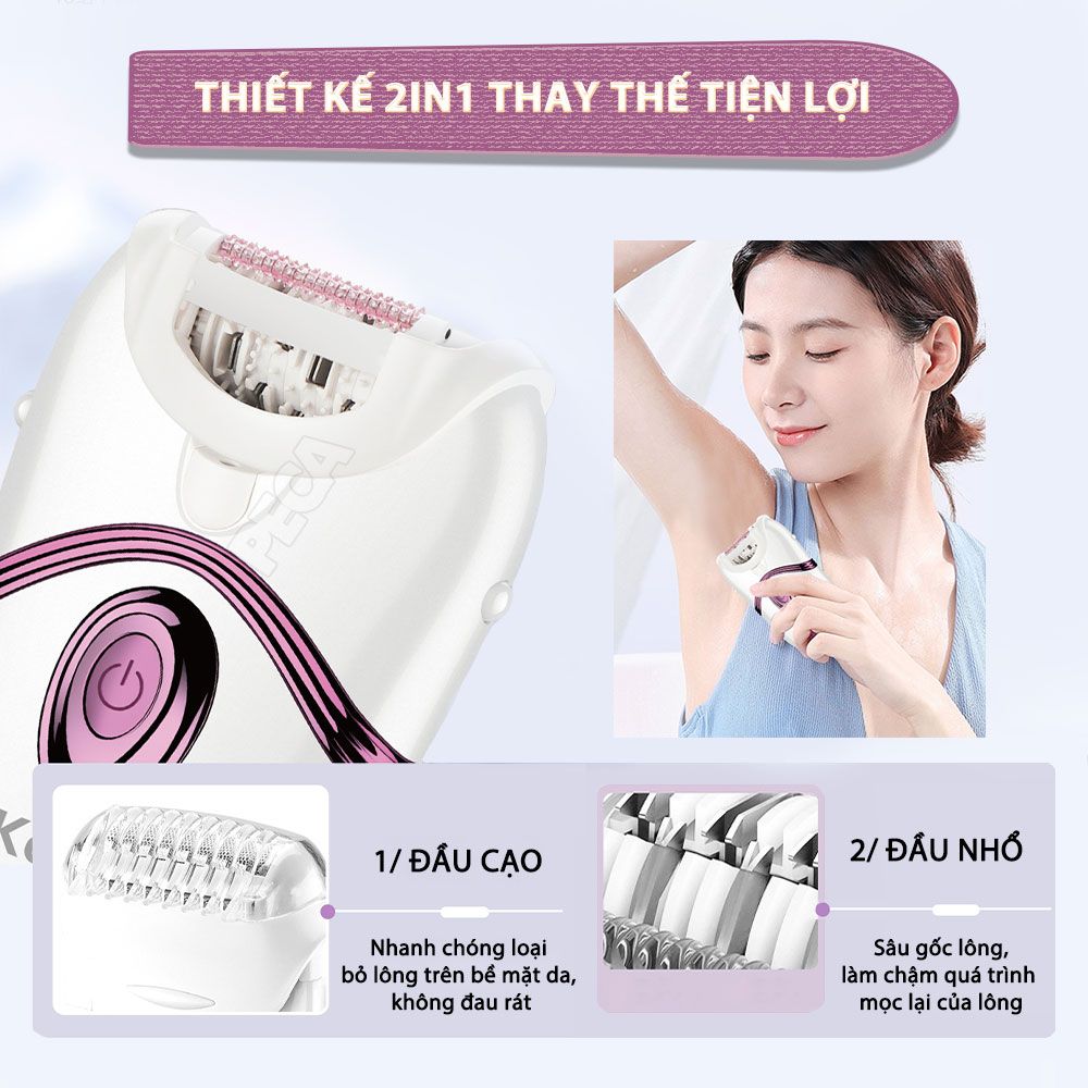 Máy tẩy lông đa năng 2in1 Kemei KM-395 gồm 2 đầu thay thế chuyên dụng nhổ lông, cạo lông, sử dụng toàn thân - Chính hãng
