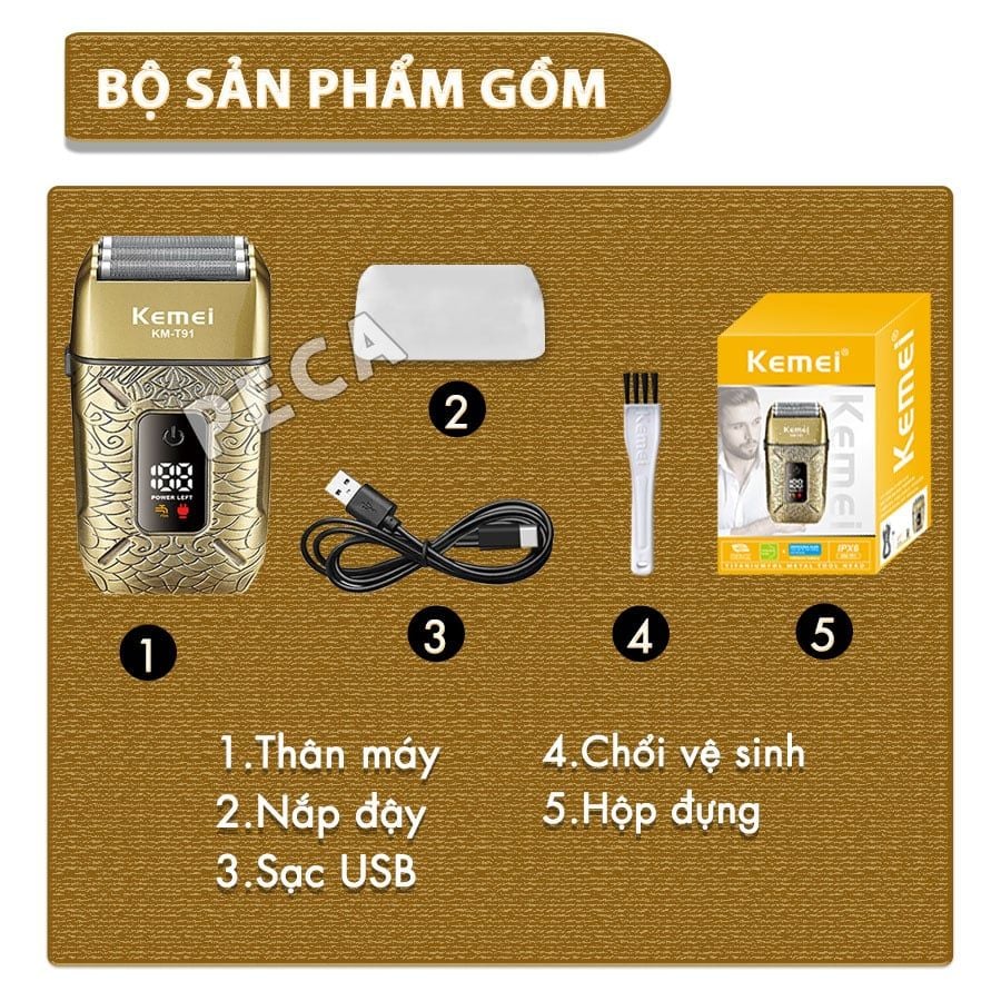 Máy cạo râu Kemei KM-T91 lưỡi nổi 3D cạo sạch nhanh, màn hình LCD, công suất mạnh mẽ 5W - Hàng chính hãng