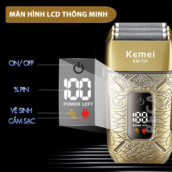 Máy cạo râu Kemei KM-T91 lưỡi nổi 3D cạo sạch nhanh, màn hình LCD, công suất mạnh mẽ 5W - Hàng chính hãng