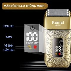 Máy cạo râu Kemei KM-T91 lưỡi nổi 3D cạo sạch nhanh, màn hình LCD, công suất mạnh mẽ 5W - Hàng chính hãng