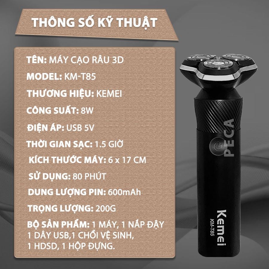 Máy cạo râu khô và ướt KEMEI KM-T85 chống thấm nước IPX6 công suất 8W sạc USB nhanh 1.5 giờ - Chính hãng