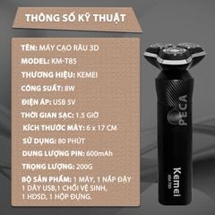 Máy cạo râu khô và ướt KEMEI KM-T85 chống thấm nước IPX6 công suất 8W sạc USB nhanh 1.5 giờ - Chính hãng