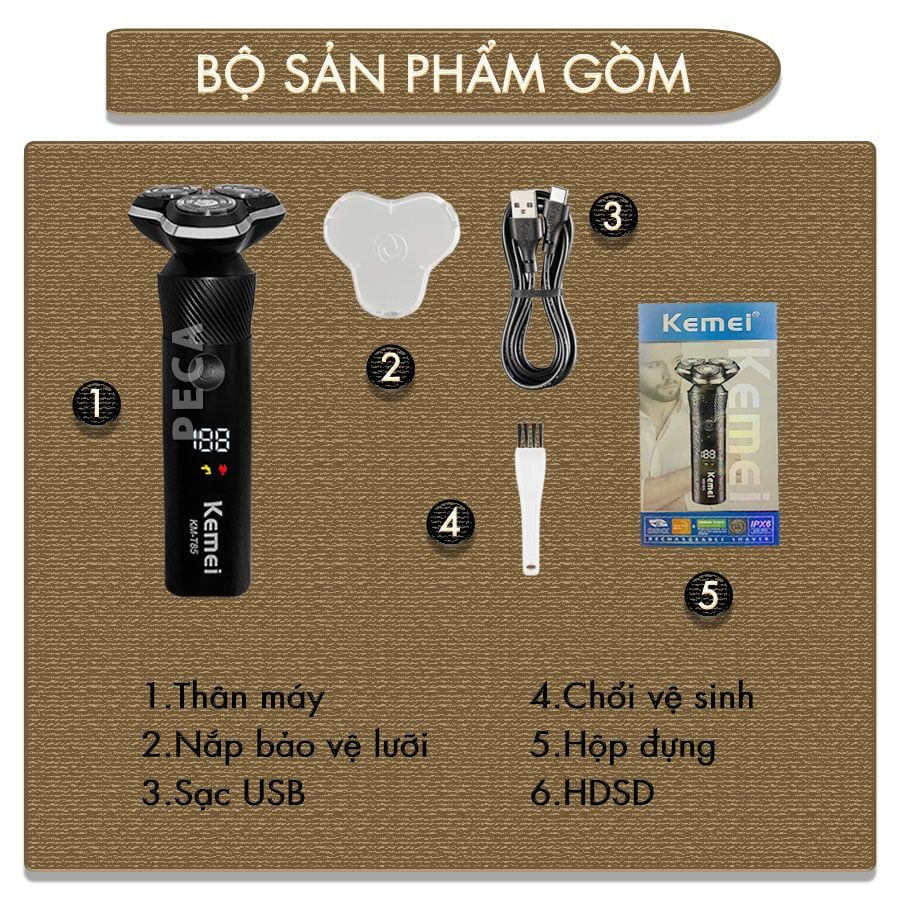 Máy cạo râu khô và ướt KEMEI KM-T85 chống thấm nước IPX6 công suất 8W sạc USB nhanh 1.5 giờ - Chính hãng