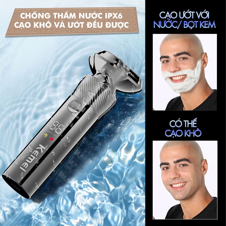 Máy cạo râu khô và ướt KEMEI KM-T85 chống thấm nước IPX6 công suất 8W sạc USB nhanh 1.5 giờ - Chính hãng
