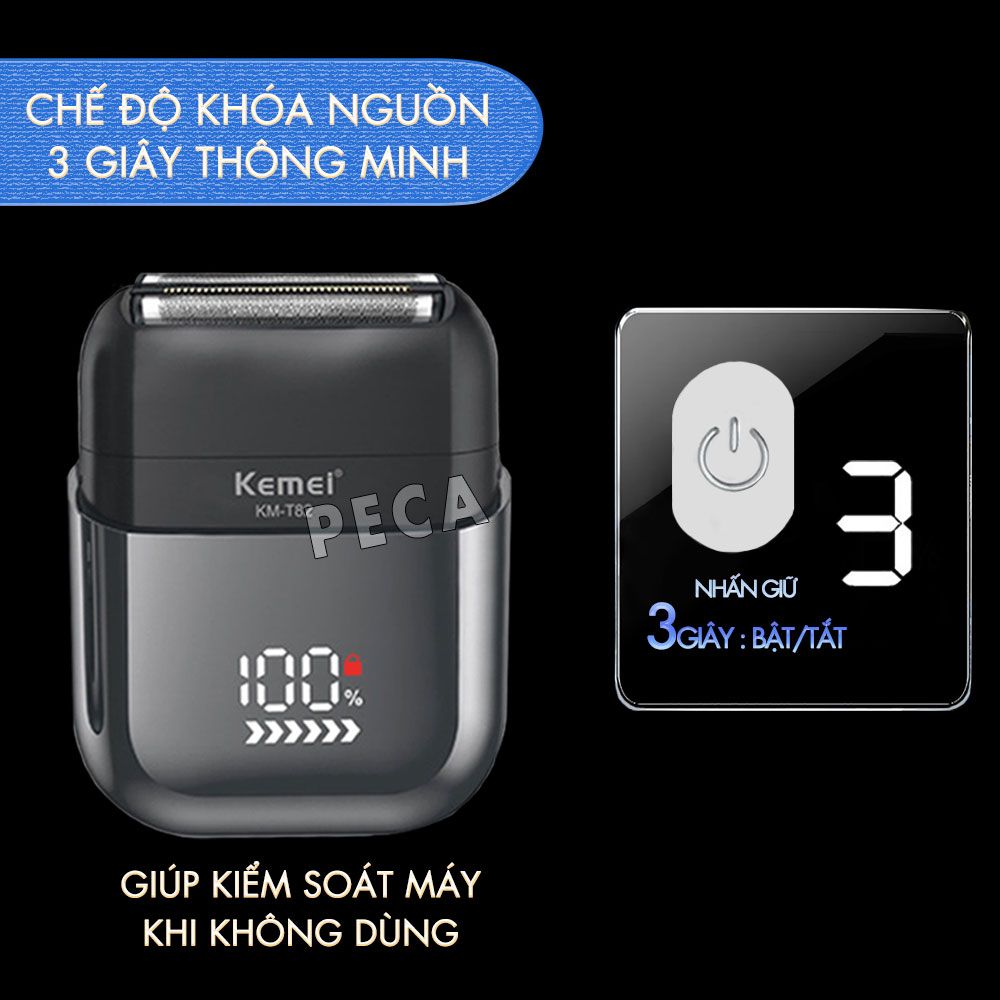 Máy cạo râu mini lưỡi kép Kemei KM-T82 màn hình LCD, công suất 5w mạnh mẽ cảm biến râu thông minh - Hàng chính hãng