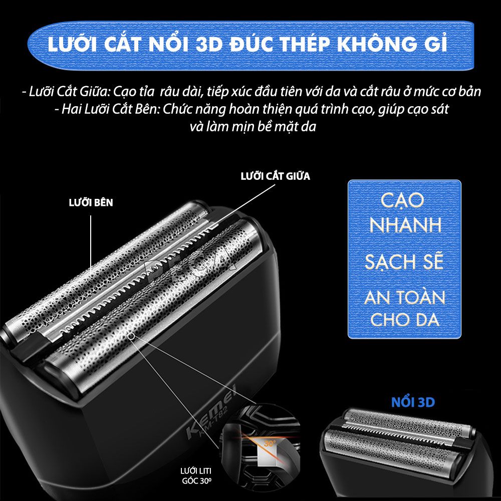 Máy cạo râu mini lưỡi kép Kemei KM-T82 màn hình LCD, công suất 5w mạnh mẽ cảm biến râu thông minh - Hàng chính hãng