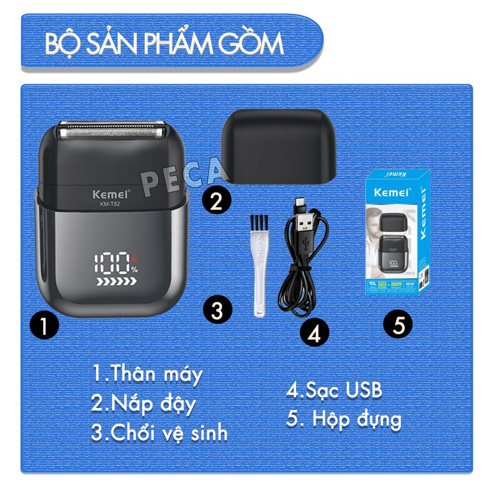 Máy cạo râu mini lưỡi kép Kemei KM-T82 màn hình LCD, công suất 5w mạnh mẽ cảm biến râu thông minh - Hàng chính hãng