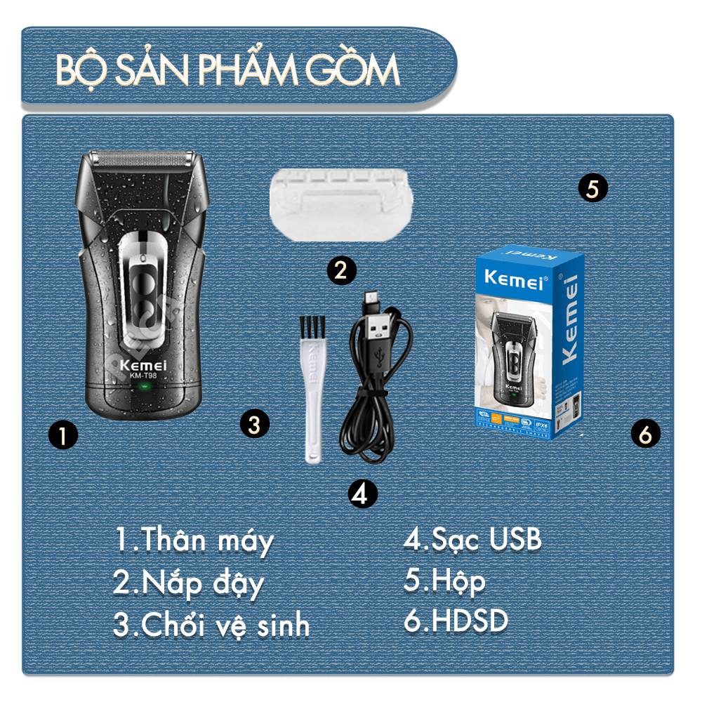 Máy cạo râu mini Kemei KM-T98 công suất mạnh mẽ 5W chống nước IPX5 - Hàng chính hãng