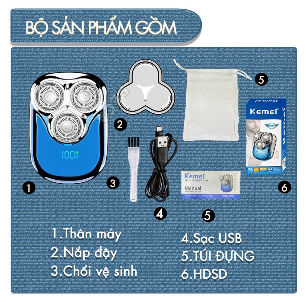 Máy cạo râu mini lưỡi nổi 3D Kemei KM-T83 màn hình LCD, công suất 5w mạnh mẽ - Hàng chính hãng