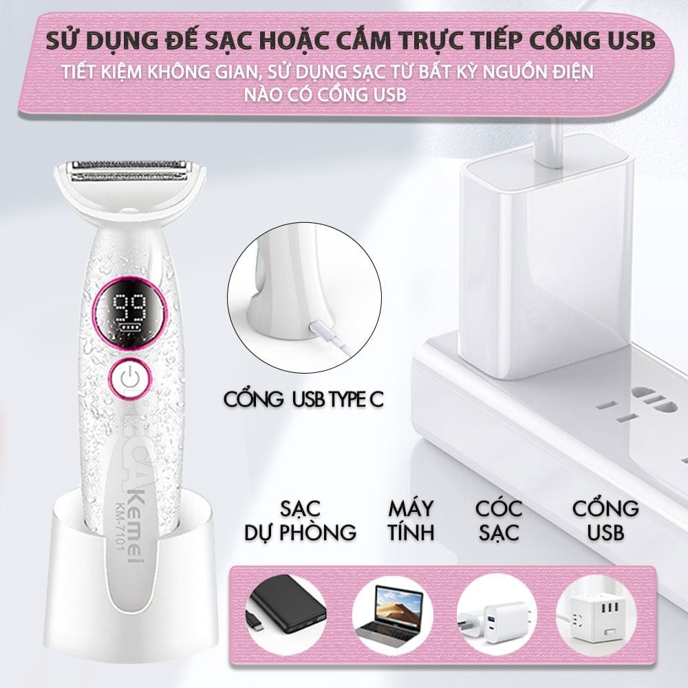Máy tẩy lông đa năng 11in1 Kemei KM-7101 gồm đầu thay thế chuyên dụng cạo lông, sử dụng toàn thân - Chính hãng