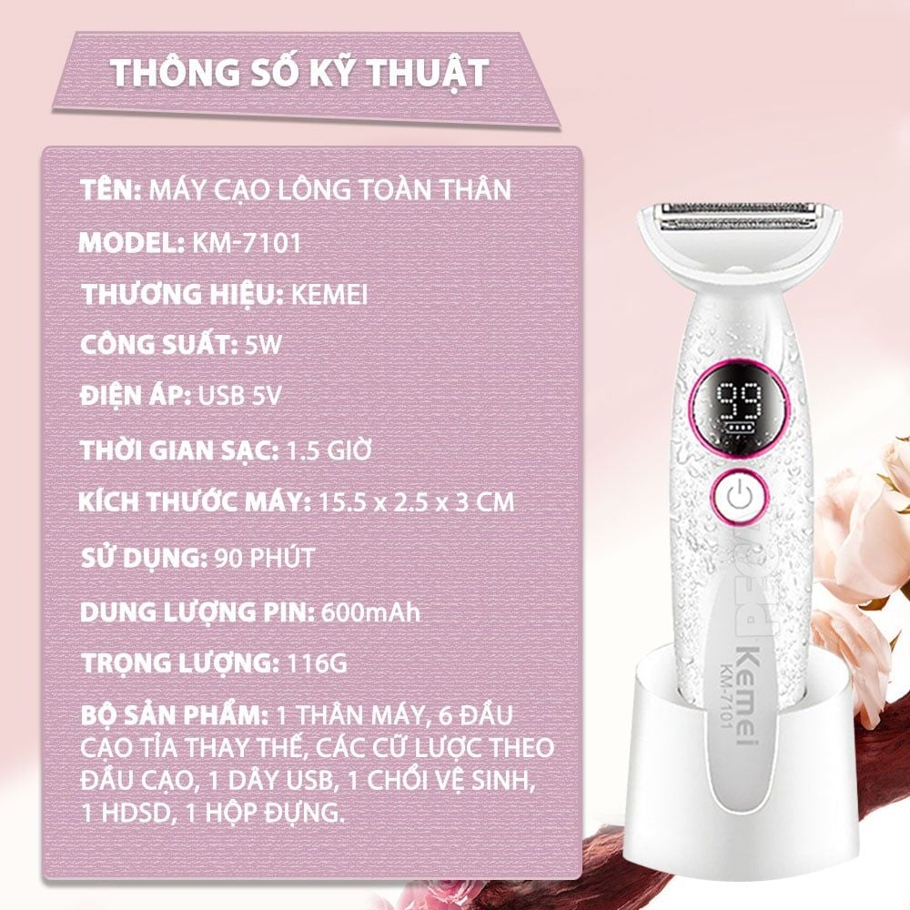 Máy tẩy lông đa năng 11in1 Kemei KM-7101 gồm đầu thay thế chuyên dụng cạo lông, sử dụng toàn thân - Chính hãng