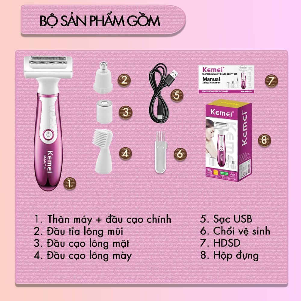 Máy tẩy lông đa năng 4in1 Kemei KM-6714 gồm 4 đầu thay thế chuyên dụng cạo lông toàn thân, tỉa lông mũi - Chính hãng