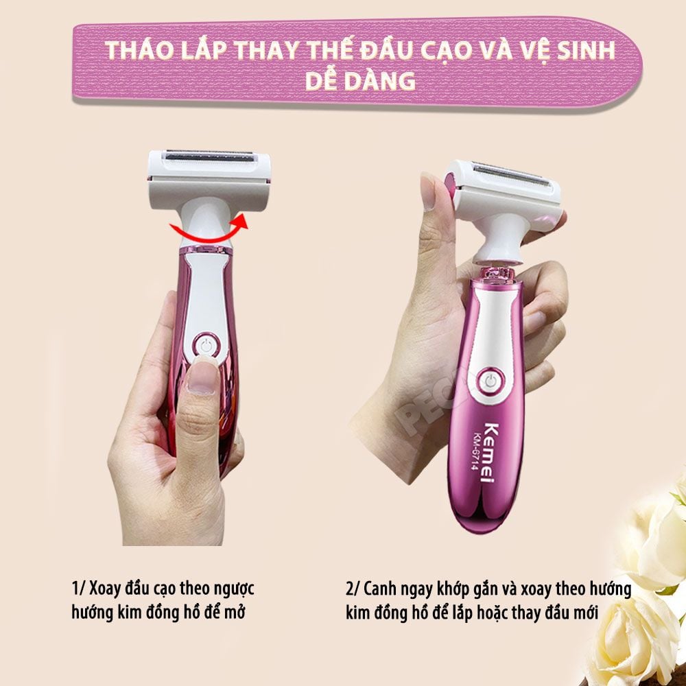 Máy tẩy lông đa năng 4in1 Kemei KM-6714 gồm 4 đầu thay thế chuyên dụng cạo lông toàn thân, tỉa lông mũi - Chính hãng