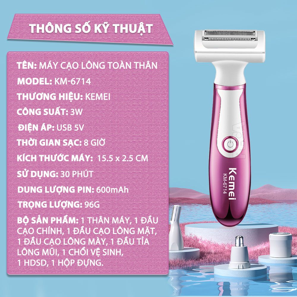 Máy tẩy lông đa năng 4in1 Kemei KM-6714 gồm 4 đầu thay thế chuyên dụng cạo lông toàn thân, tỉa lông mũi - Chính hãng