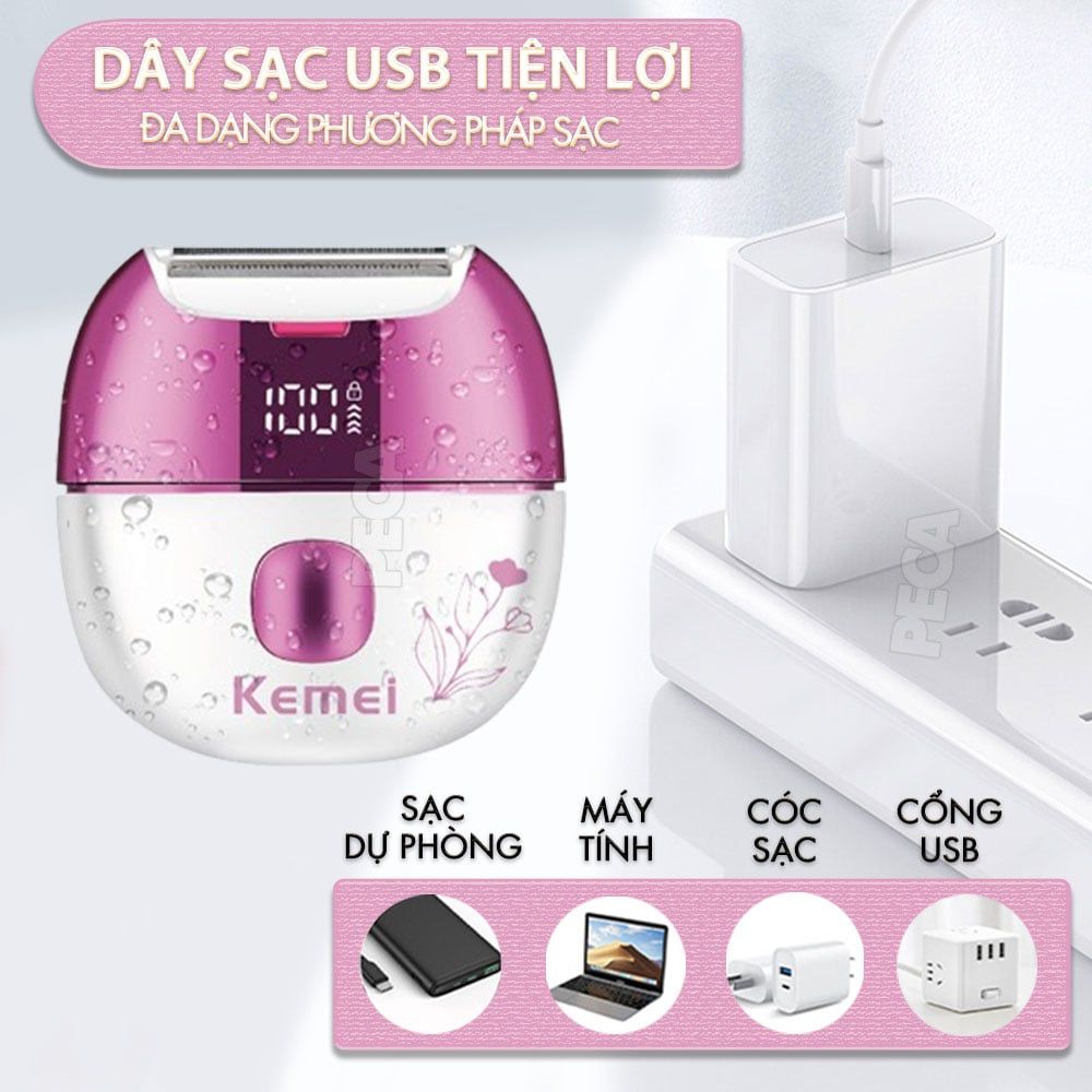 Máy cạo tẩy lông Kemei KM-285 chuyên dùng cạo lông toàn thân, bikini sử dụng pin sạc tiện lợi công suất 5W - Chính hãng