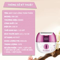 Máy cạo tẩy lông Kemei KM-285 chuyên dùng cạo lông toàn thân, bikini sử dụng pin sạc tiện lợi công suất 5W - Chính hãng