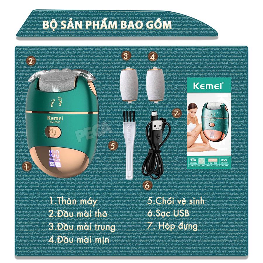 Máy chà gót chân 3in1 Kemei KM-6865 điều chỉnh 2 mức tốc độ, màn hình LED tiện lợi - Chính hãng