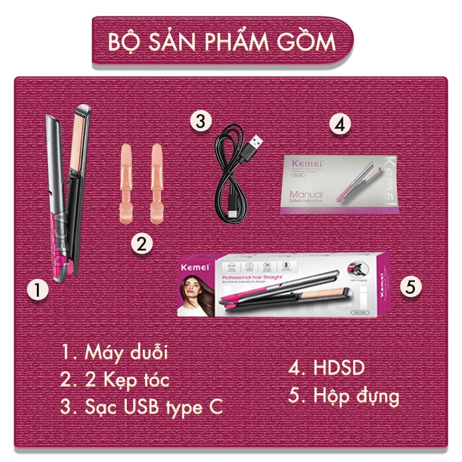 Máy duỗi tóc không dây Kemei KM-555 chuyên nghiệp điều chỉnh 4 mức nhiệt độ phù hợp sử dụng mọi loại tóc - Hàng chính hãng