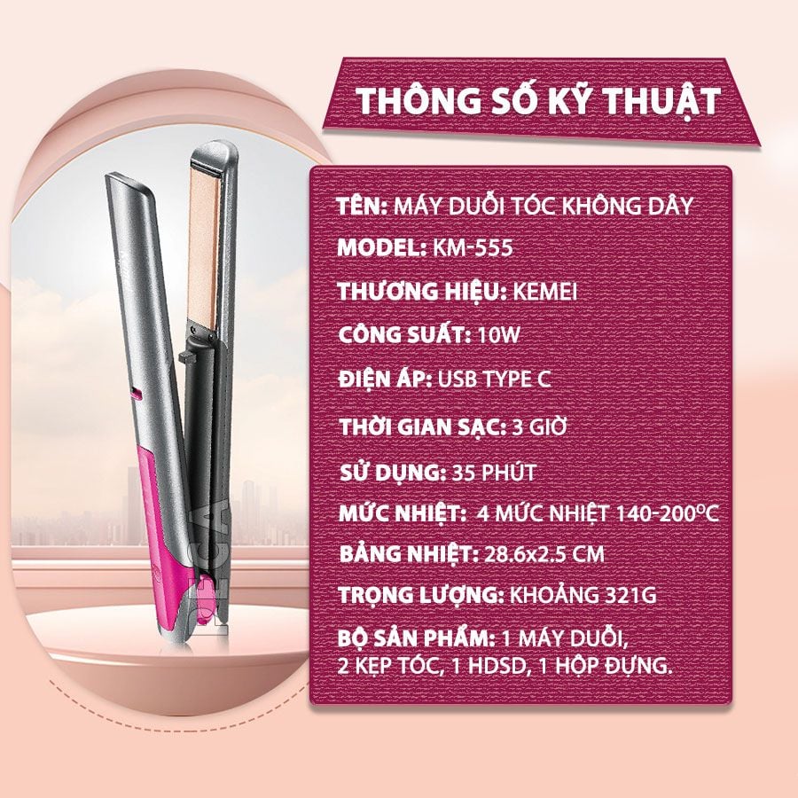 Máy duỗi tóc không dây Kemei KM-555 chuyên nghiệp điều chỉnh 4 mức nhiệt độ phù hợp sử dụng mọi loại tóc - Hàng chính hãng