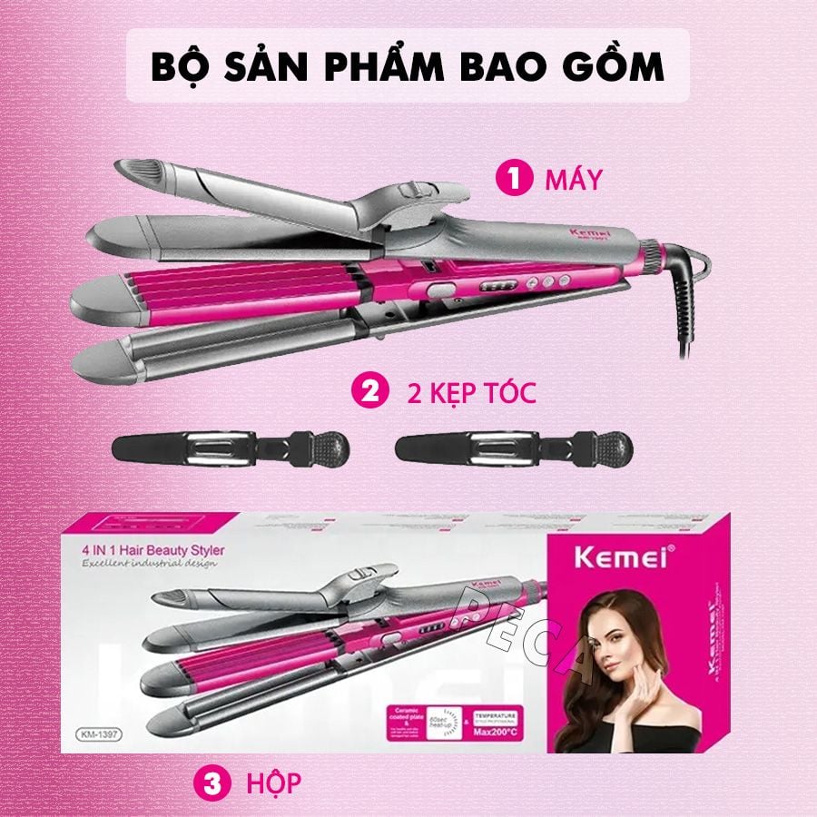 Máy làm tóc đa năng 4in1 Kemei KM-1397 chuyên dụng uốn, duỗi, bấm, hippie tiện lợi điều chỉnh 4 mức nhiệt - Hàng chính hãng