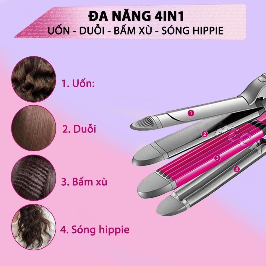 Máy làm tóc đa năng 4in1 Kemei KM-1397 chuyên dụng uốn, duỗi, bấm, hippie tiện lợi điều chỉnh 4 mức nhiệt - Hàng chính hãng