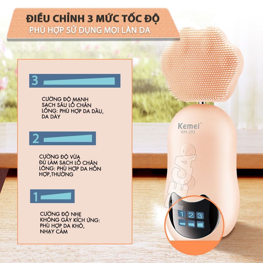 Máy rửa mặt đa năng 2in1 Kemei KM-293 điều chỉnh 3 mức tốc độ, kèm đầu lăn nâng cơ massage giảm thâm mắt - Hàng chính hãng