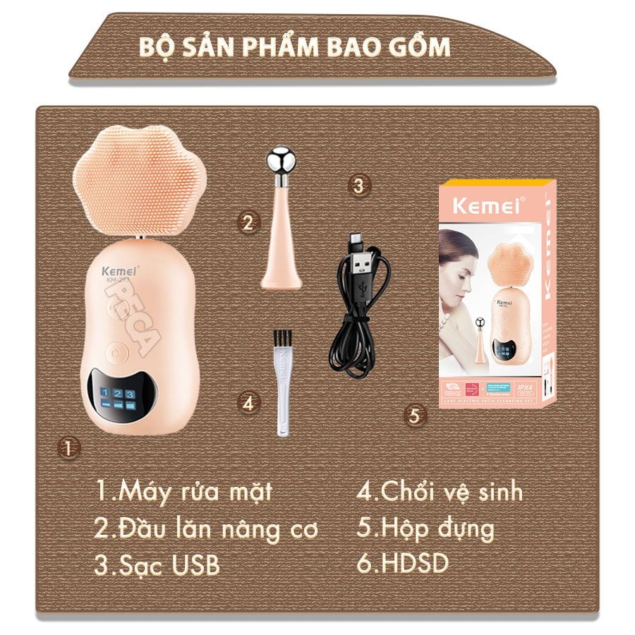 Máy rửa mặt đa năng 2in1 Kemei KM-293 điều chỉnh 3 mức tốc độ, kèm đầu lăn nâng cơ massage giảm thâm mắt - Hàng chính hãng
