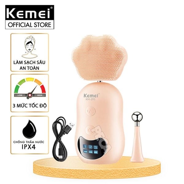 Máy rửa mặt đa năng 2in1 Kemei KM-293 điều chỉnh 3 mức tốc độ, kèm đầu lăn nâng cơ massage giảm thâm mắt - Hàng chính hãng