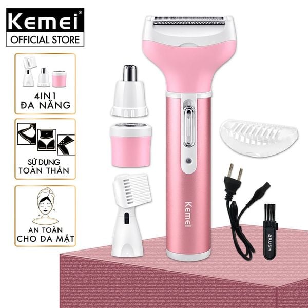 Máy tẩy lông 4in1 đa năng mini Kemei KM-6637 chuyên dùng cạo lông toàn thân sử dụng pin sạc tiện lợi - Hàng chính hãng