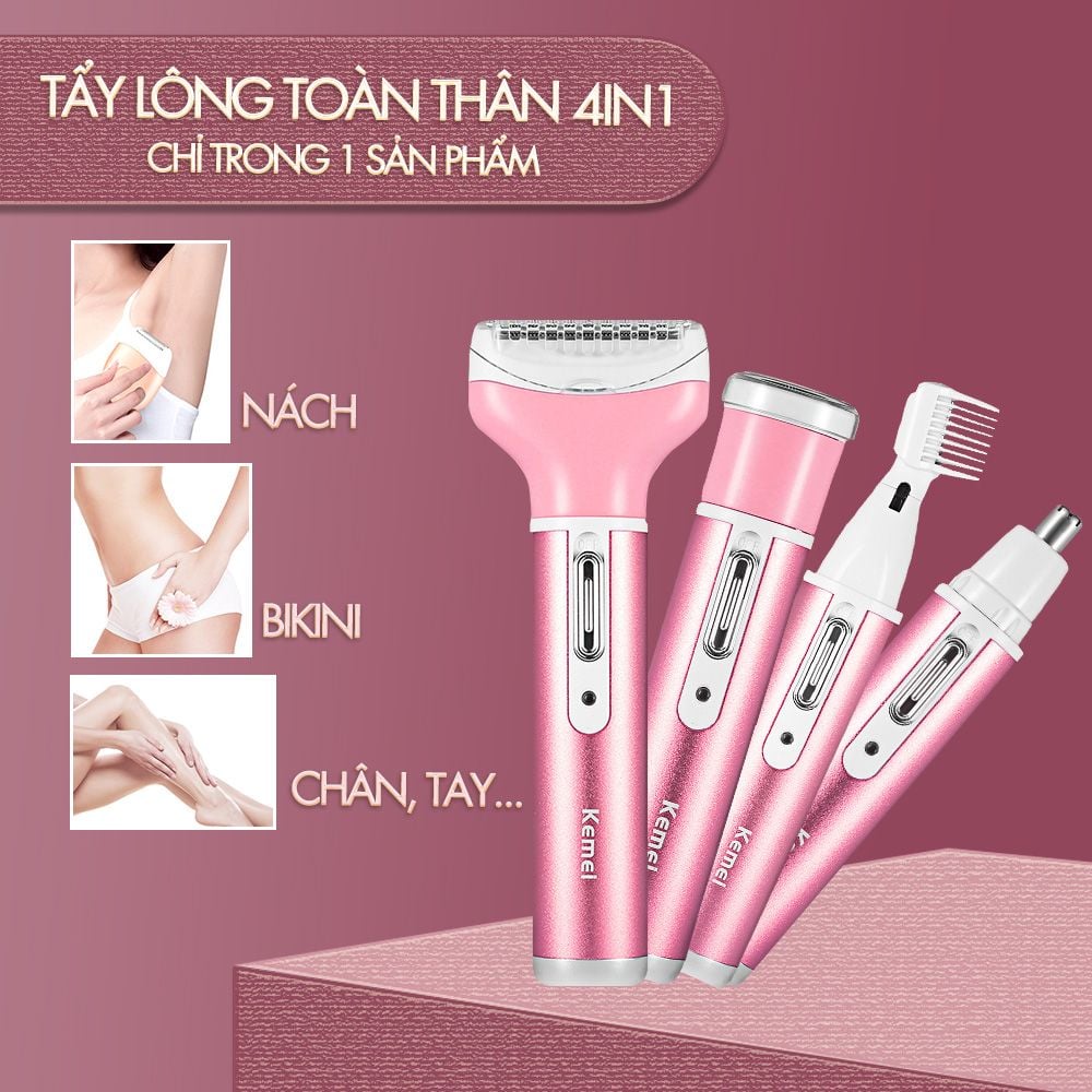 Máy tẩy lông 4in1 đa năng mini Kemei KM-6637 chuyên dùng cạo lông toàn thân sử dụng pin sạc tiện lợi - Hàng chính hãng