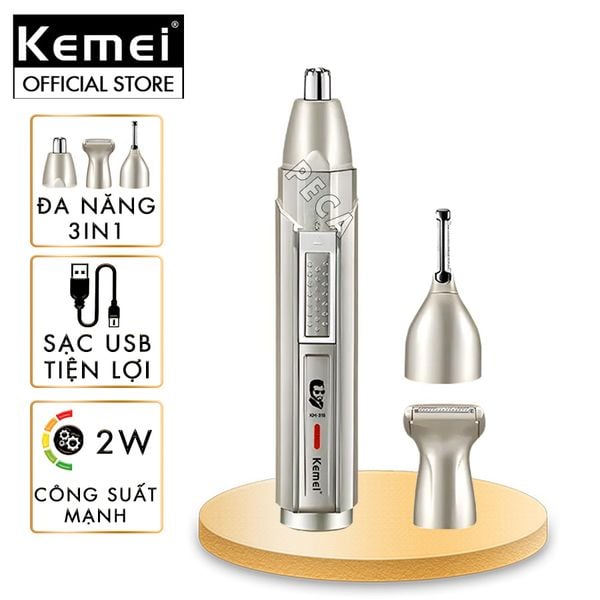 Máy tỉa lông mũi đa năng Kemei KM-315 gồm 3 đầu thay chuyên dụng tỉa lông mũi, tỉa râu, lông dùng pin sạc USB tiện lợi - phân phối chính hãng