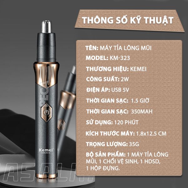 Máy tỉa lông mũi Kemei KM-323 dùng pin sạc USB tiện lợi - Hàng chính hãng