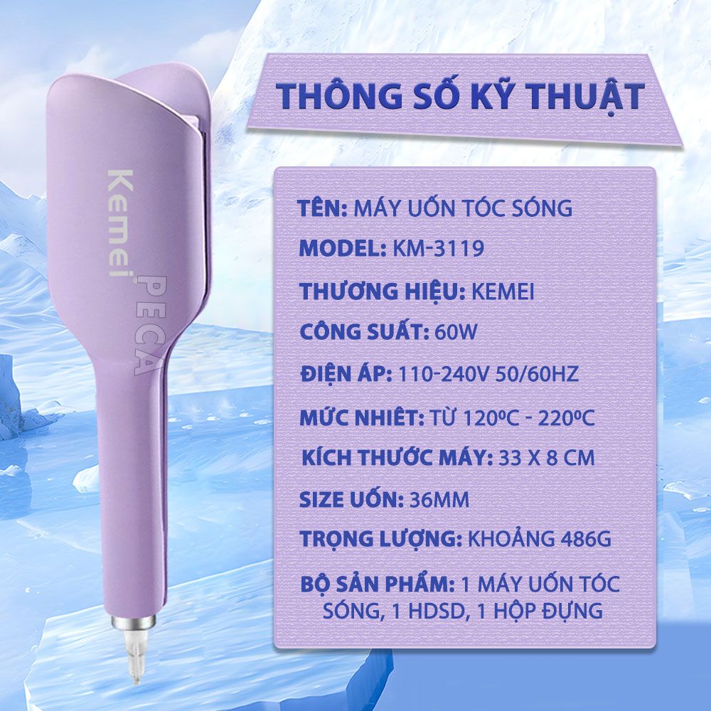 Máy uốn tóc sóng Kemei KM-3119 ion âm điều chỉnh 6 mức nhiệt độ phù hợp với mọi loại tóc - Chính hãng