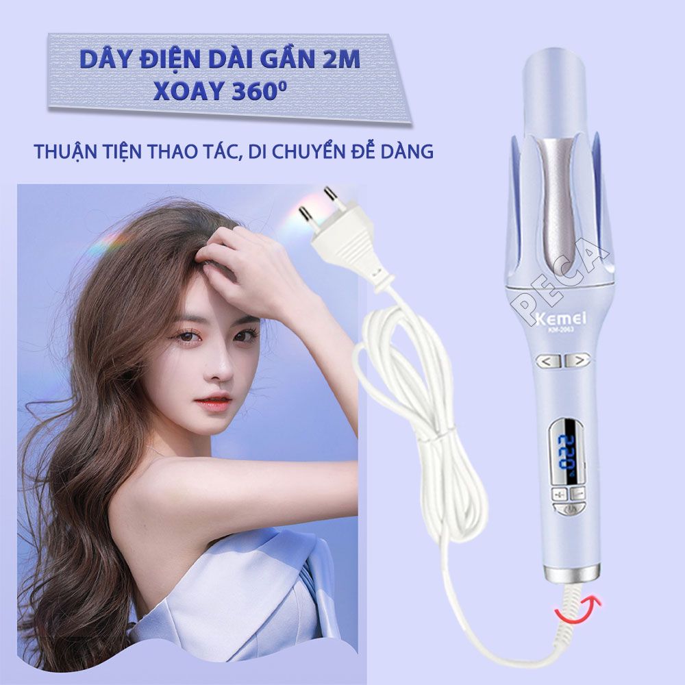 Máy uốn tóc xoay tự động Kemei KM-2063 điều chỉnh 12 mức nhiệt độ phù hợp với mọi loại tóc - Chính hãng
