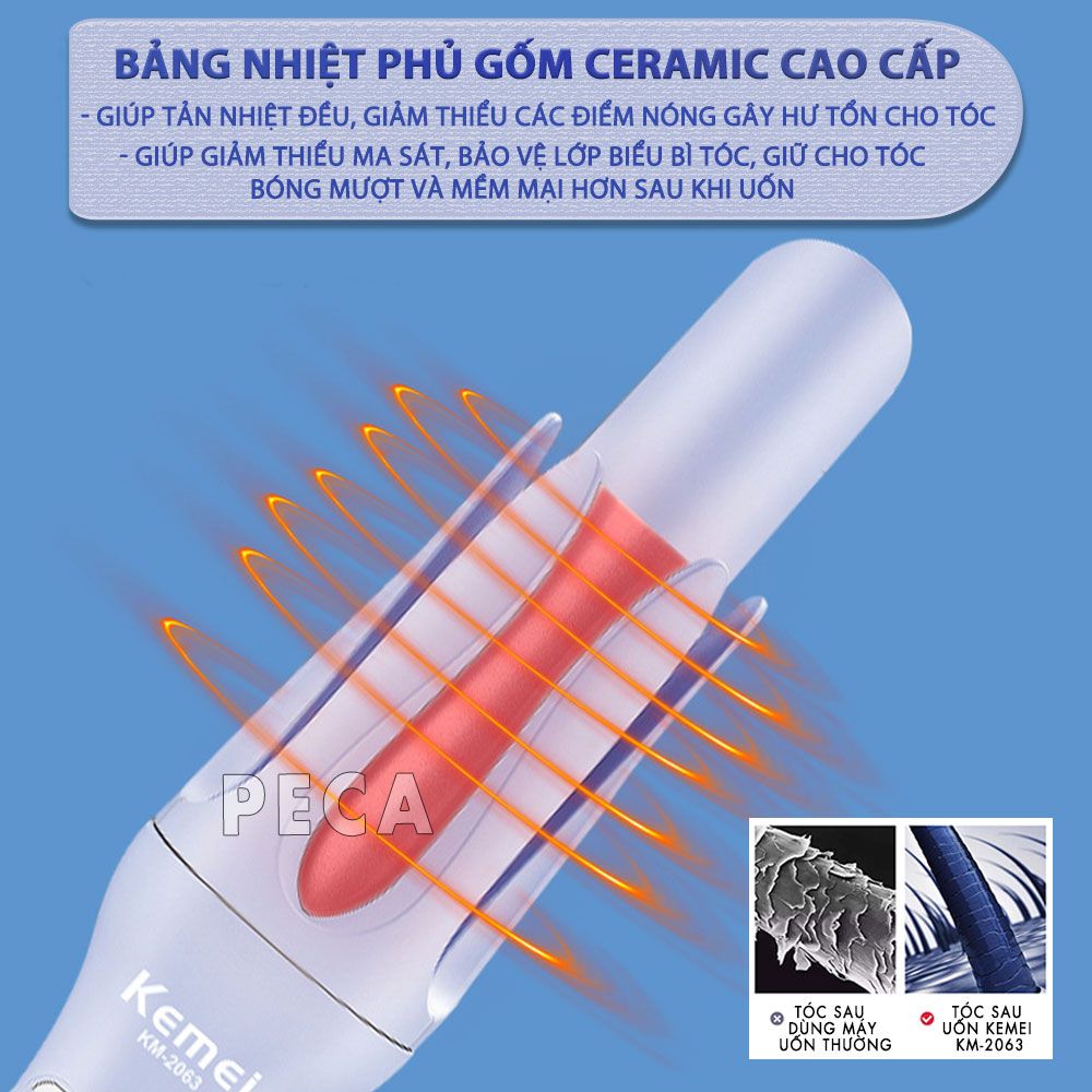 Máy uốn tóc xoay tự động Kemei KM-2063 điều chỉnh 12 mức nhiệt độ phù hợp với mọi loại tóc - Chính hãng