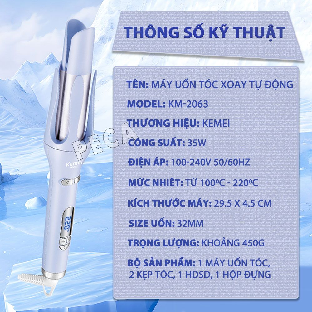 Máy uốn tóc xoay tự động Kemei KM-2063 điều chỉnh 12 mức nhiệt độ phù hợp với mọi loại tóc - Chính hãng