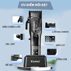 Tông đơ cắt tóc chuyên nghiệp Kemei KM-1766 lưỡi cắt mạ carbon DLC cao cấp có động cơ không chổi than màn hình LCD hiển thị công suất 5W - Chính hãng