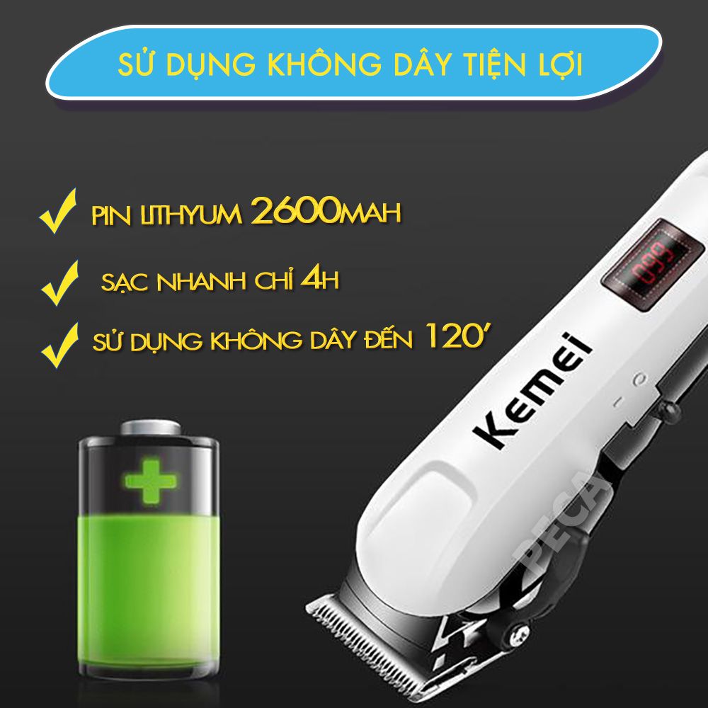 Tông đơ cắt tóc không dây KEMEI KM-809A chuyên nghiệp màn hình LCD hiển thị pin, cắt được lông cho thú cưng, chó, mèo