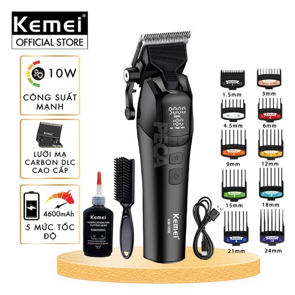 Tông đơ cắt tóc chuyên nghiệp Kemei KM-1858 lưỡi cắt mạ carbon công suất 10W điều chỉnh 5 mức tốc độ - Hàng chính hãng