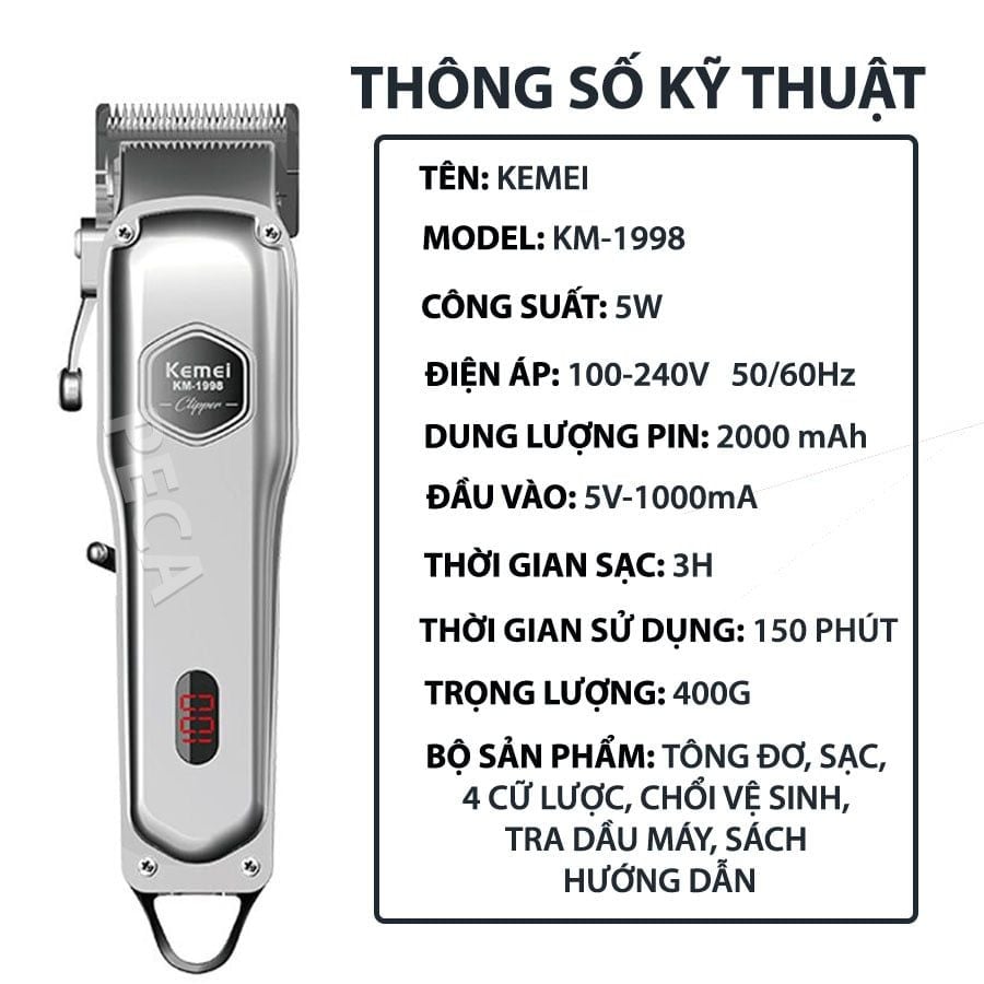 Tông đơ cắt tóc chuyên nghiệp Kemei KM-1998 có màn hình LED hiển thị thích hợp dùng fade tóc, tattoo tóc cho barber shop