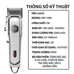 Tông đơ cắt tóc chuyên nghiệp Kemei KM-1998 có màn hình LED hiển thị thích hợp dùng fade tóc, tattoo tóc cho barber shop
