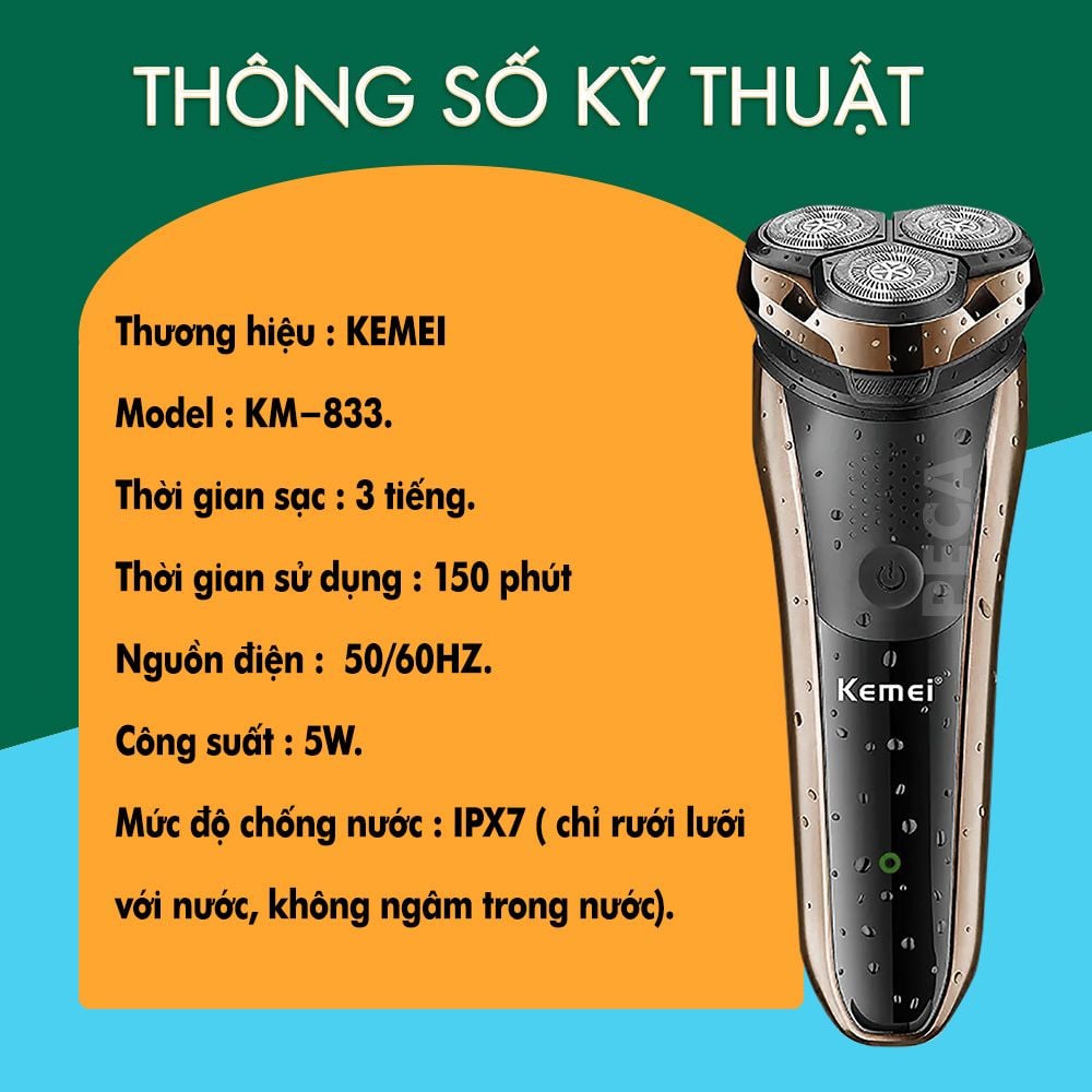 Máy cạo râu khô và ướt KEMEI KM-833 chống thấm nước IPX7 công suất 5W sạc USB pin trâu sạc USB