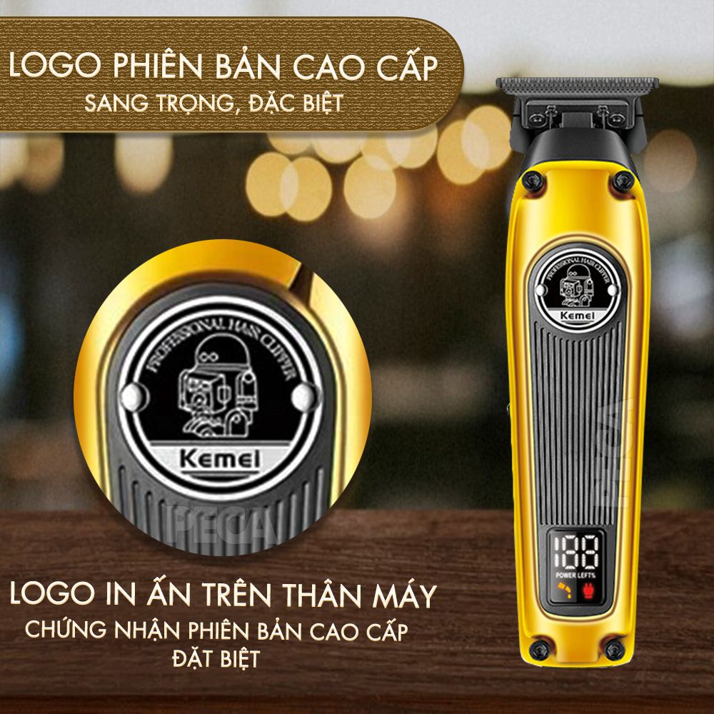 Tông đơ chấn viền Kemei KM-1855 lưỡi cắt mạ carbon DLC cao cấp có động cơ không chổi than tăng hiệu suất màn hình LCD hiển thị công suất 8W hàng chính hãng