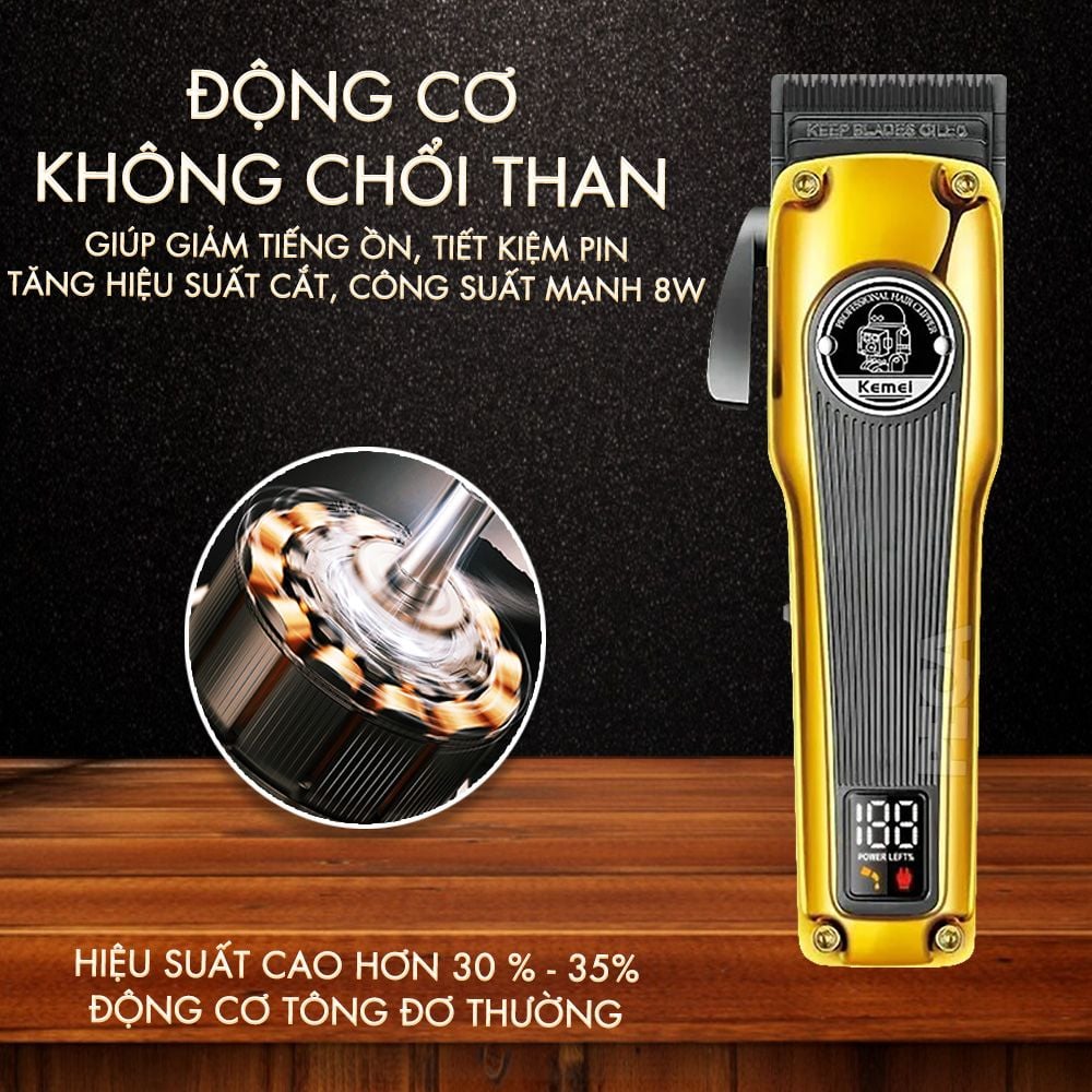 Tông đơ cắt tóc chuyên nghiệp Kemei KM-1825 lưỡi cắt mạ carbon DLC cao cấp có động cơ không chổi than màn hình LCD hiển thị công suất 8W