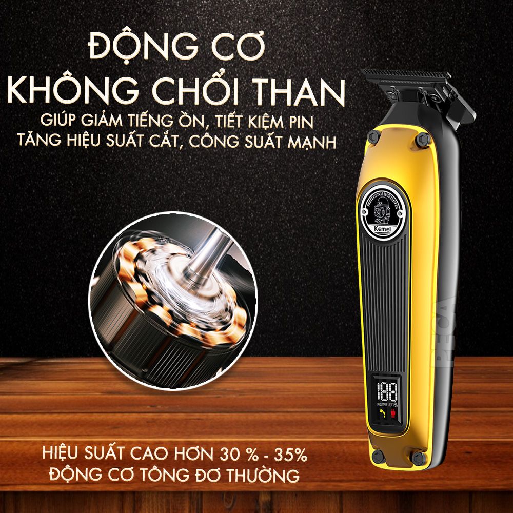 Tông đơ chấn viền Kemei KM-1855 lưỡi cắt mạ carbon DLC cao cấp có động cơ không chổi than tăng hiệu suất màn hình LCD hiển thị công suất 8W hàng chính hãng