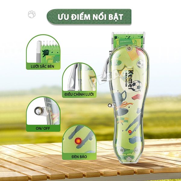Tông đơ cắt lông thú cưng Kemei KM-CW2100 sử dụng không dây có thể cắt cho chó, mèo...công suất mạnh 5W - Chính hãng