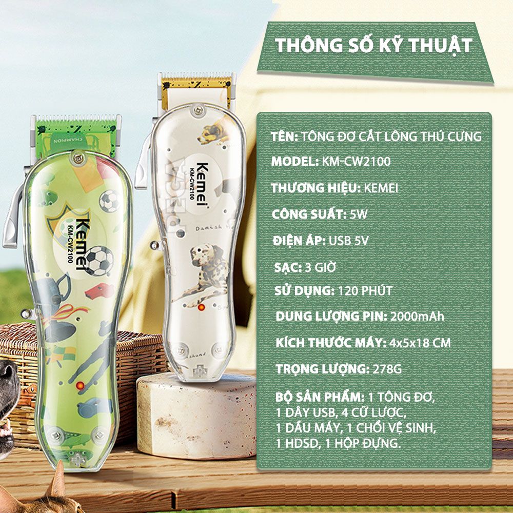 Tông đơ cắt lông thú cưng Kemei KM-CW2100 sử dụng không dây có thể cắt cho chó, mèo...công suất mạnh 5W - Chính hãng